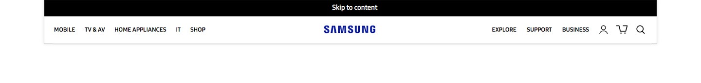 Hình ảnh hiển thị thanh 'Skip to content' màu đen được hiển thị phía trên logo SAMSUNG trên khu vực GNB sau khi nhấn phím TAB trên samsung.com.