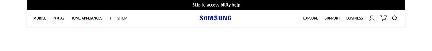 Hình ảnh hiển thị thanh 'Skip to accessibility help' màu đen được hiển thị phía trên logo SAMSUNG trên khu vực GNB sau khi nhấn phím TAB trên samsung.com.