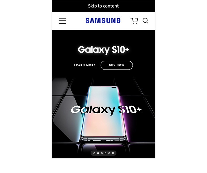 Hình ảnh bôi đen thanh liên kết "Bỏ qua đến nội dung" xuất hiện phía trên logo Samsung thuộc khu vực GNB sau khi nhấn phím Tab trên website samsung.com bằng điện thoại.