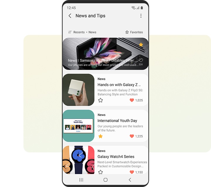 Điện thoại thông minh Galaxy hiển thị trang Tin tức và Mẹo trên ứng dụng Samsung Members.