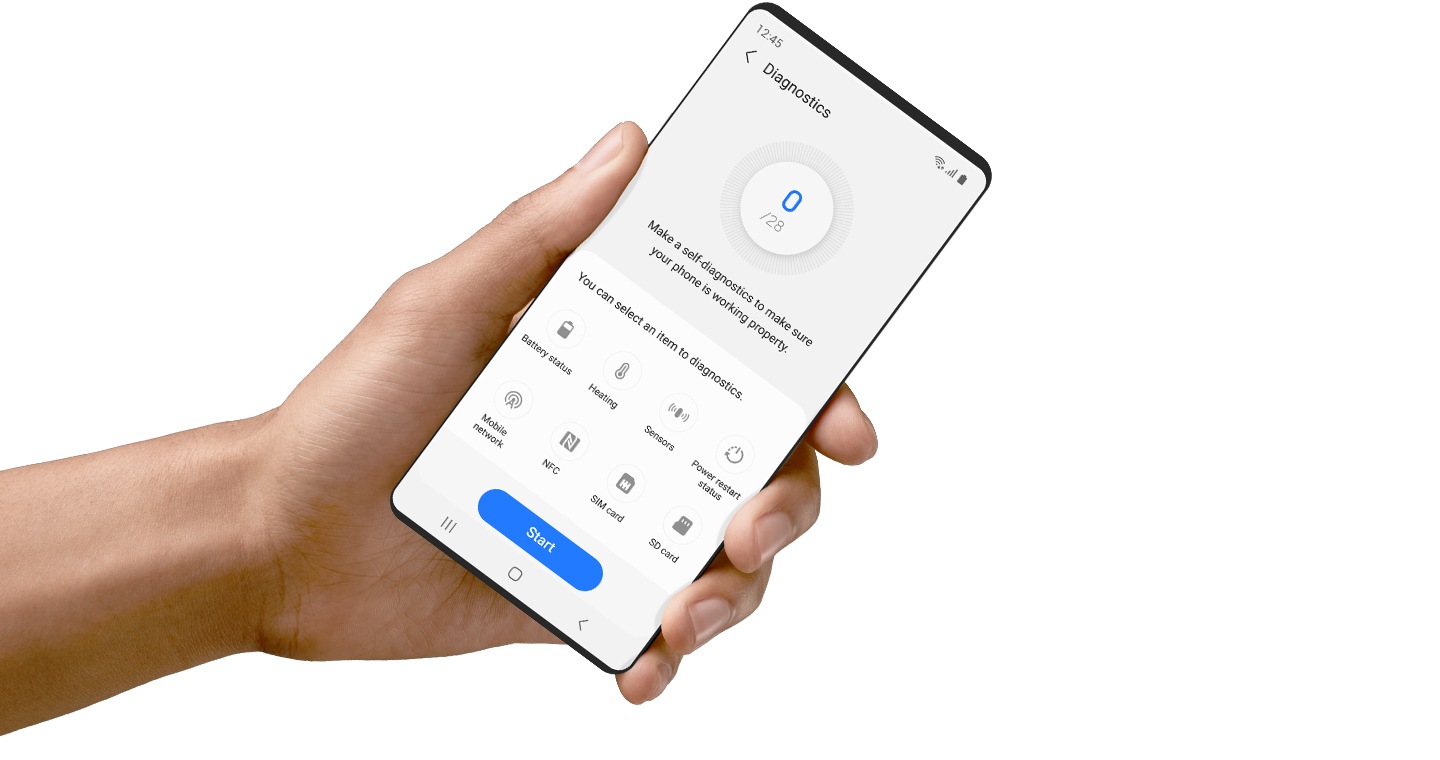 Điện thoại thông minh Galaxy hiển thị trang Chẩn đoán trên ứng dụng Samsung Members. 