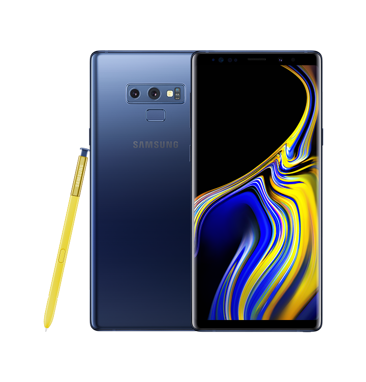 Điện thoại Galaxy Note9 Xanh Dương xuất hiện với màn hình hiển thị thiết kế xoáy màu xanh dương kết hợp vàng bên cạnh bút S Pen màu vàng