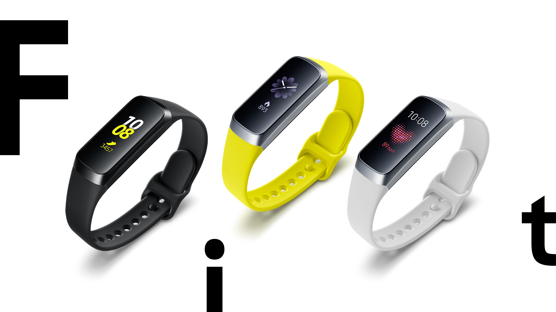 The Oblique-top view of Black, yellow and silver color Galaxy fits are shown and each watch face shows gui of each representative product’s gui.