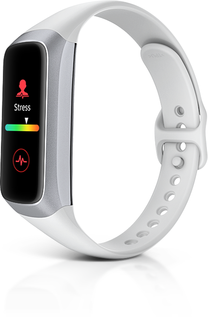 The side view of silver color Galaxy fit is shown and watch face shows stress levels.