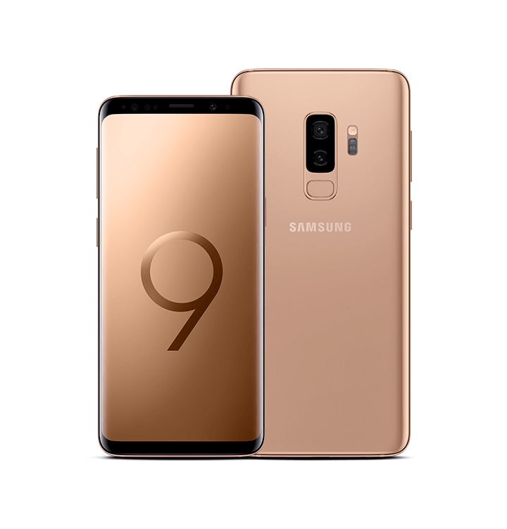 Hình ảnh Galaxy S9 từ phía trước và Galaxy S9+ từ phía sau, cả hai đều có màu tím của hoa tử đinh hương