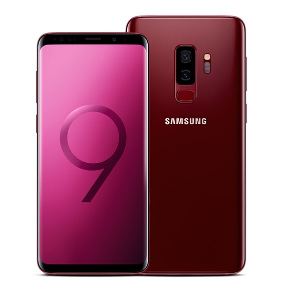 Hình ảnh Galaxy S9 từ phía trước và Galaxy S9+ từ phía sau, cả hai đều có màu tím của hoa tử đinh hương