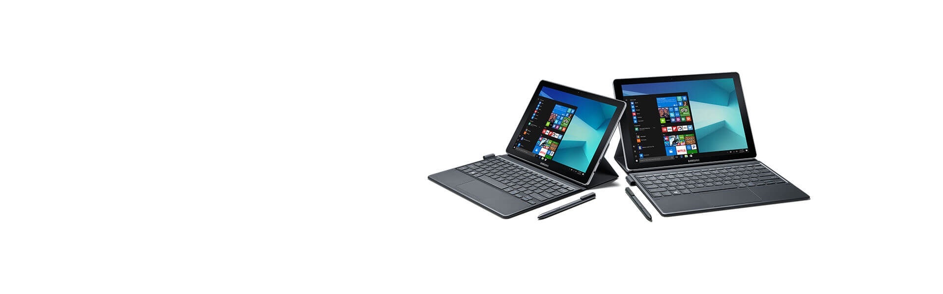 An image showing two Galaxy Book (10.6') devices with their covers open and two S pens placed at their sides.