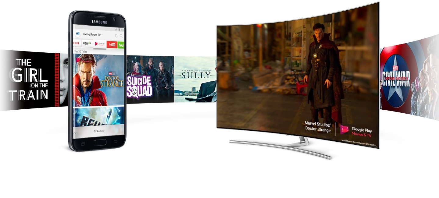 Chiếc điện thoại Samsung và TV màn hình cong QLED đang được đặt đối xứng với nhau, và nội dung được chọn trên chiếc điện thoại đang phát trên màn hình QLED TV. Trên màn hình chiếc điện thoại, hàng loạt nội dung NETFLIX đang được bày ra trước mắt người xem.
