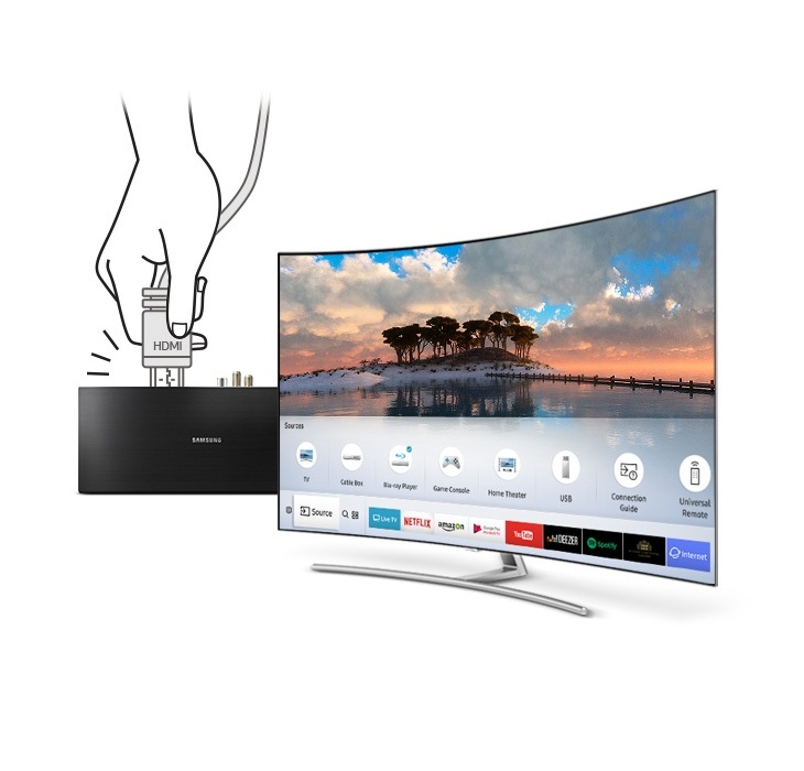 Chiếc QLED TV đang được đặt hướng xéo phía tay phải và dây HDMI đang được kết nối vào hộp dây cạnh TV.