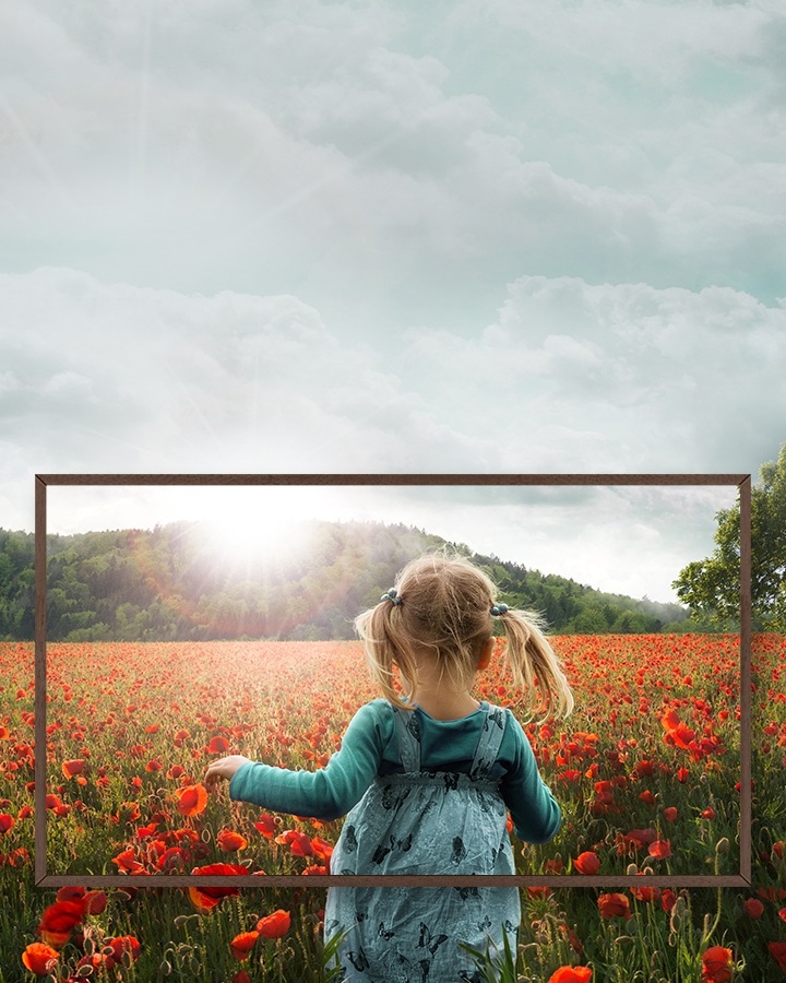 The back of a young girl walking in a field of flowers framed by the bezel.