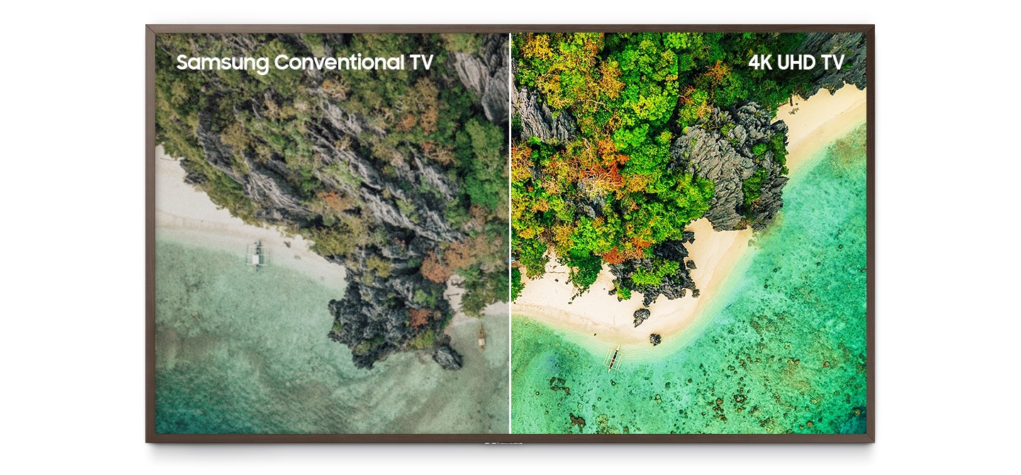The Frame displaying a natural landscape photograph, with a side-by-side comparison of 4K UHD and Samsung conventional TV’s.