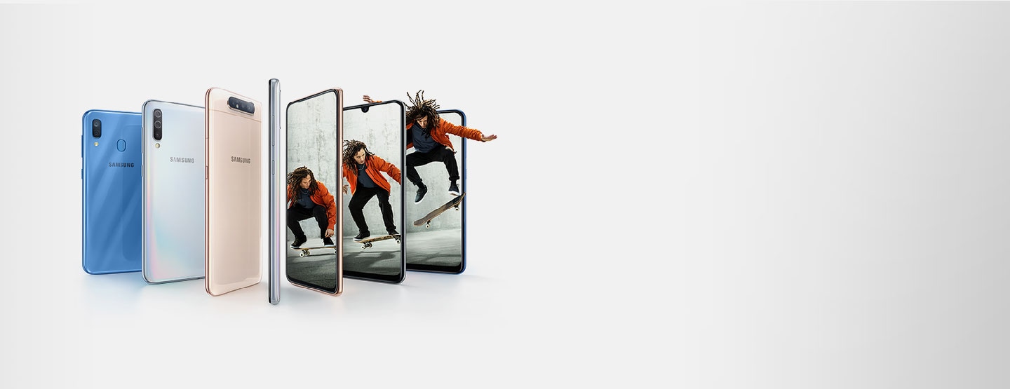 Galaxy A lineup fanning out to reveal a skateboarder moving beyond the screen.