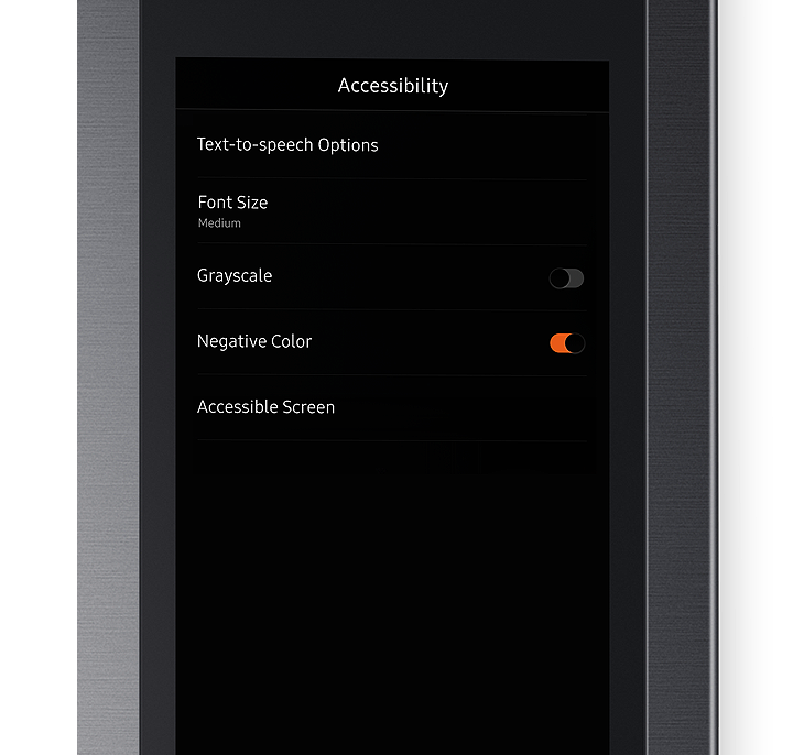 The Text-to-speech Options, Font Size, Grayscale, Negative Color, Accessible Screen are displayed under Accessibility on the screen.