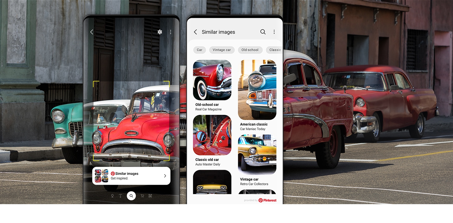 Bixby Vision recognises a car in the street and displays a list of related images on the smartphone screen.