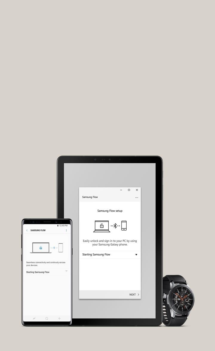 Connected to the compatible devices such as Galaxy Watch, Galaxy Tab S4, and Galaxy Note9 with the Samsung Flow App