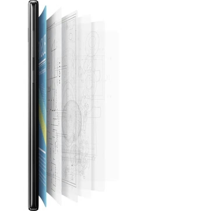 A simulated image of Galaxy Note9 seen from the right side with a variety of documents and images fanning out from the back