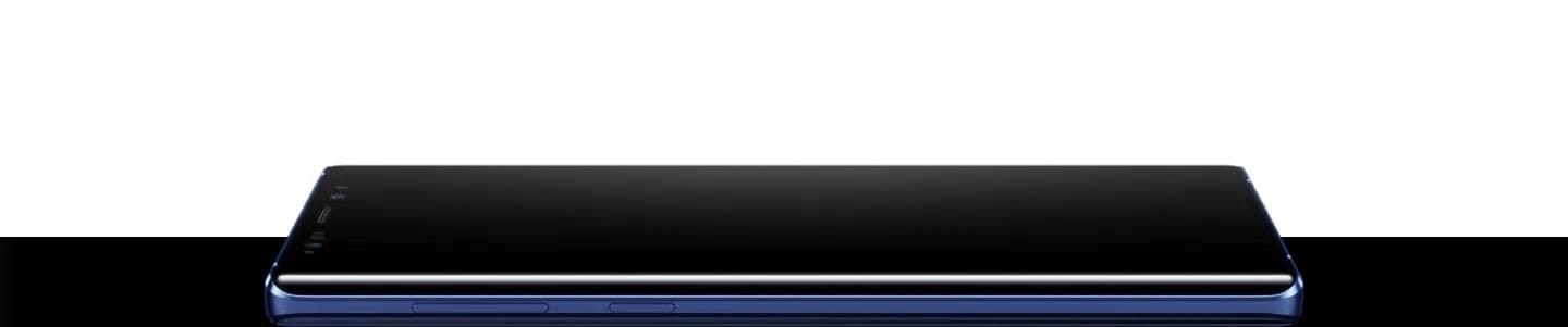Ocean Blue Galaxy Note9 laying screen-up, seen from the left side
