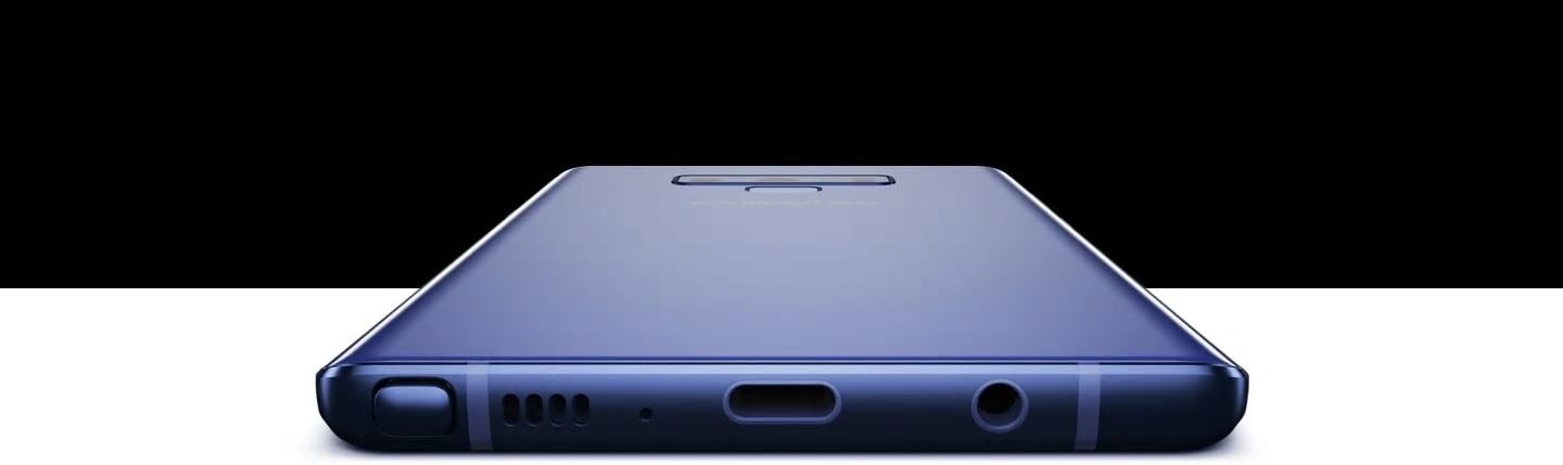 Ocean Blue Galaxy Note9 laying screen-down, viewed from the bottom