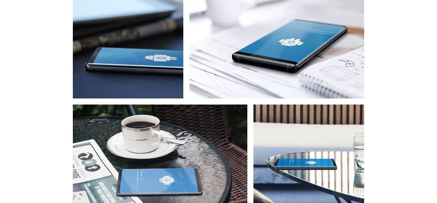 Simulated image of Galaxy Note9 on a table with the Android update GUI onscreen