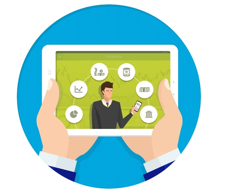 An illustration of a tablet with an image of a businessman utilizing a smartphone