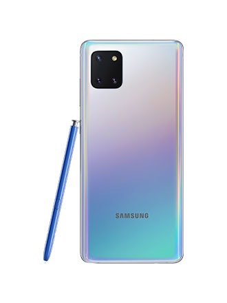Back-facing shot of an upright Galaxy Note10 Lite with an S Pen leaning on the side of it