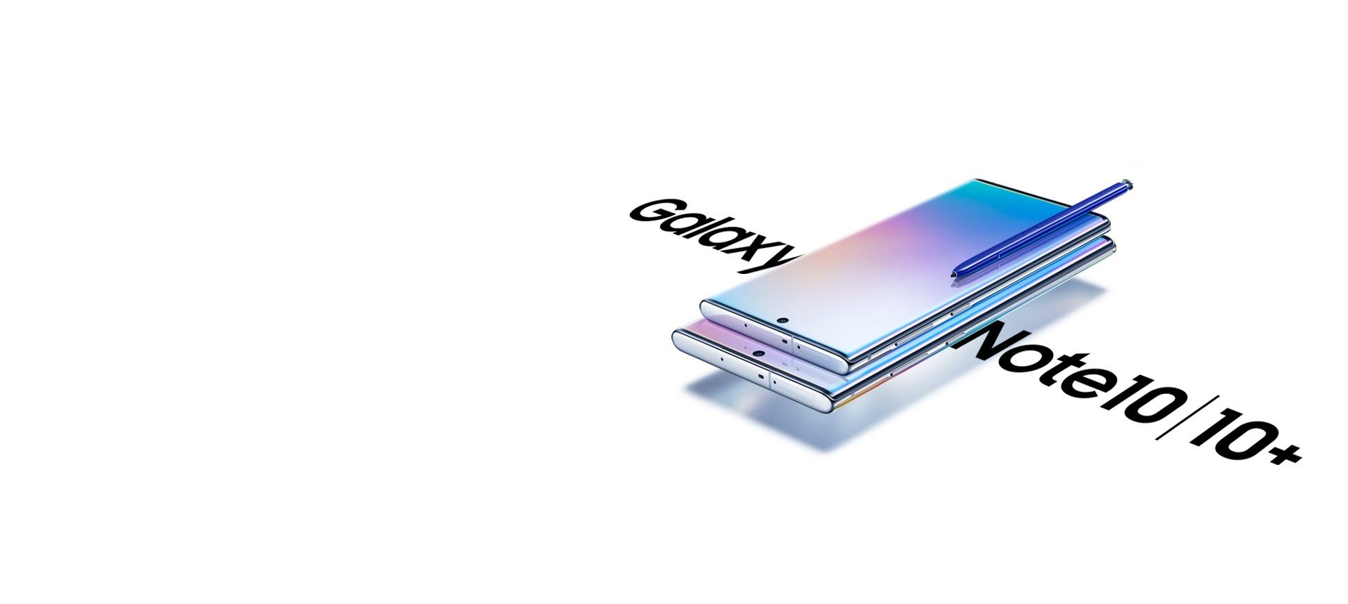Galaxy Note10 laying on top of Galaxy Note10 plus, both laying on their back at an angle with a blue S Pen laying on top of Galaxy Note10. Each phone has a gradient graphic onscreen and other side of the phones is the text Galaxy Note10 | Note10 plus.