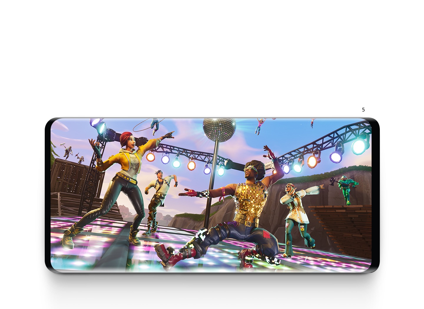 Within a Galaxy S10 disco dancers in funkadelic, glittery clothing dance under a disco ball in an outdoor venue.