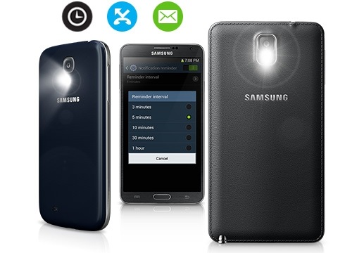 This image describes that the flash of back side camera will be turned on when telephone, letters, Etc. are received on your smartphone.