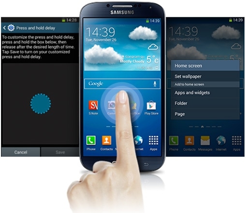 On the left side of Smartphone, there is 'Press and hold delay' menu screen and on the right side, the editing home screen is displayed.