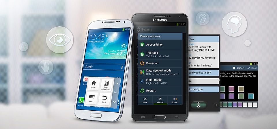 Galaxy S4 and GalaxyNote 3 are built and the Accessibility Settings screen is displayed on the screen.
