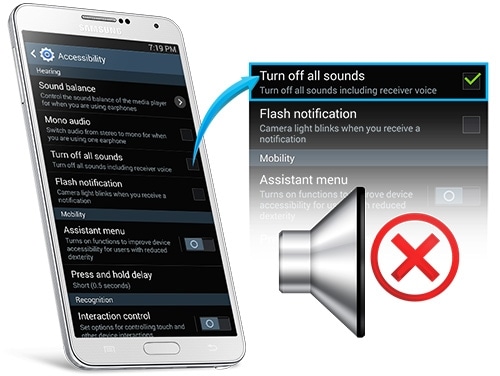 The Smartphone and setting screen of 'Turn off all sounds' are shown as pop-up state and mute icon is expressed.