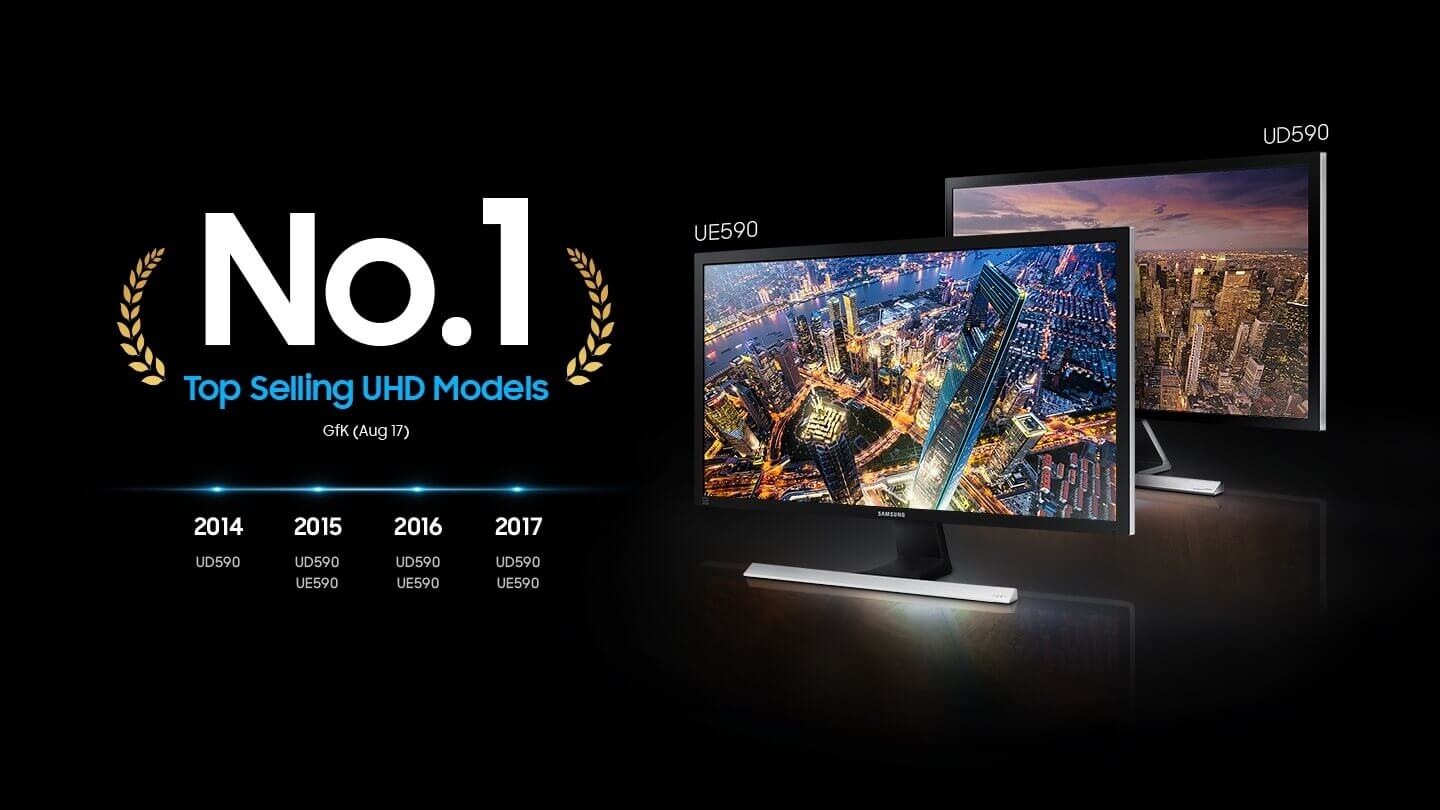 As an image that describes the most selected Samsung monitor ue590, ud590 in the ultra-high-definition market for four years in a row, No. 1 writes loudly and shows two large monitors. In 2014 UD590. In 2015 UD590, UE590. In 2016 UD590, UE590, In UD590, UE590
