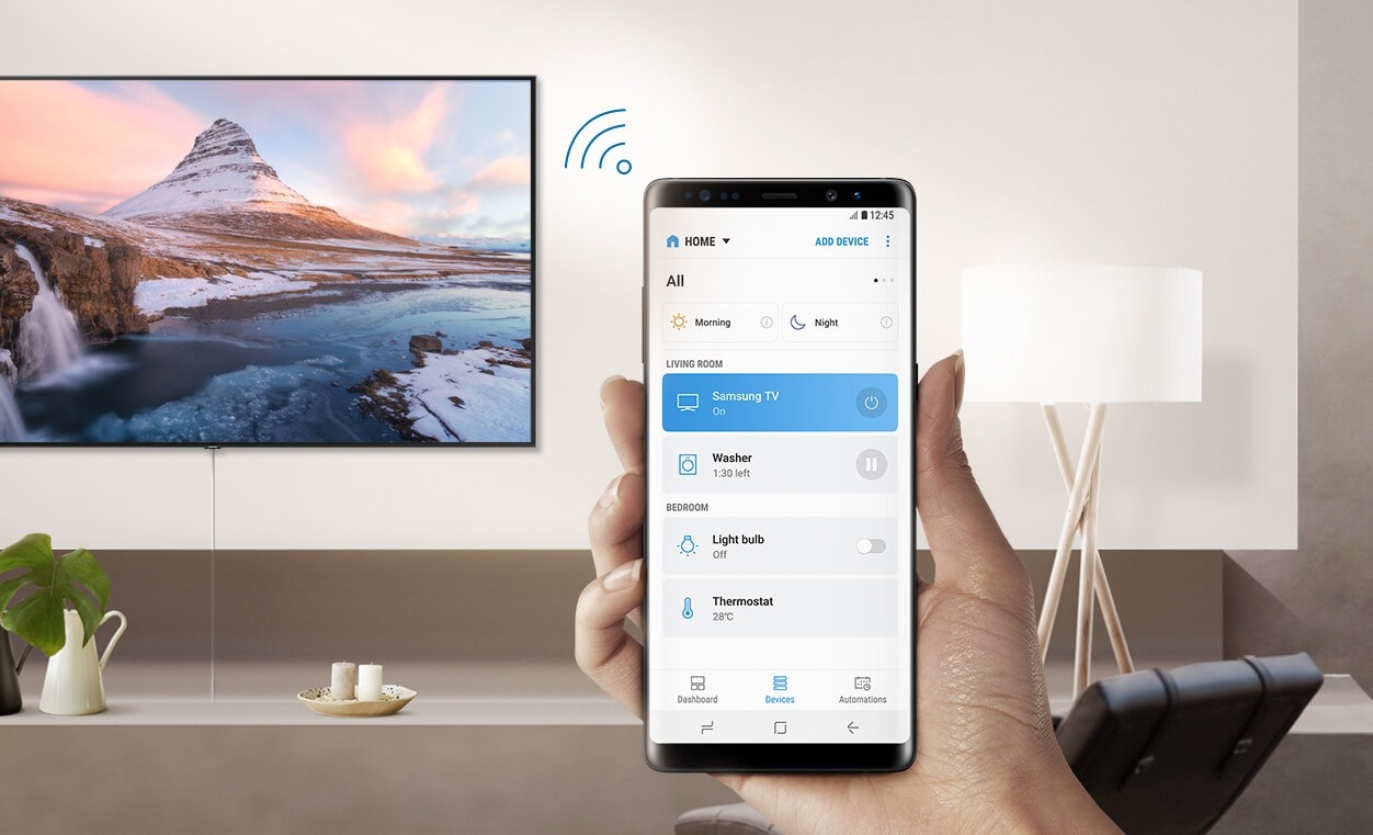 Connecting mobile phone to Smart TV via SmartThings app with Wi-Fi icon.