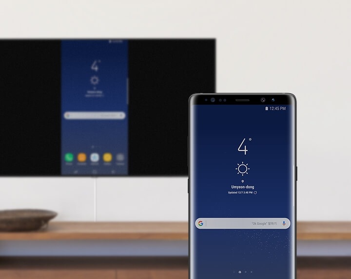 Mobile Phone and Smart TV sharing a same screen; mobile phone's home screen displayed on the Smart TV.