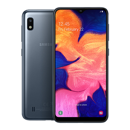 Rear-facing Galaxy A10 behind Galaxy A10 in portrait mode, with a purple and orange flower onscreen.