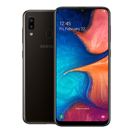 Rear-facing Galaxy A20 behind Galaxy A20 in portrait mode, with a blue and orange flower onscreen.