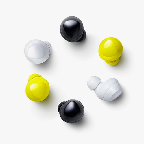 Black, yellow, and white Galaxy Buds in a color-alternating circle.