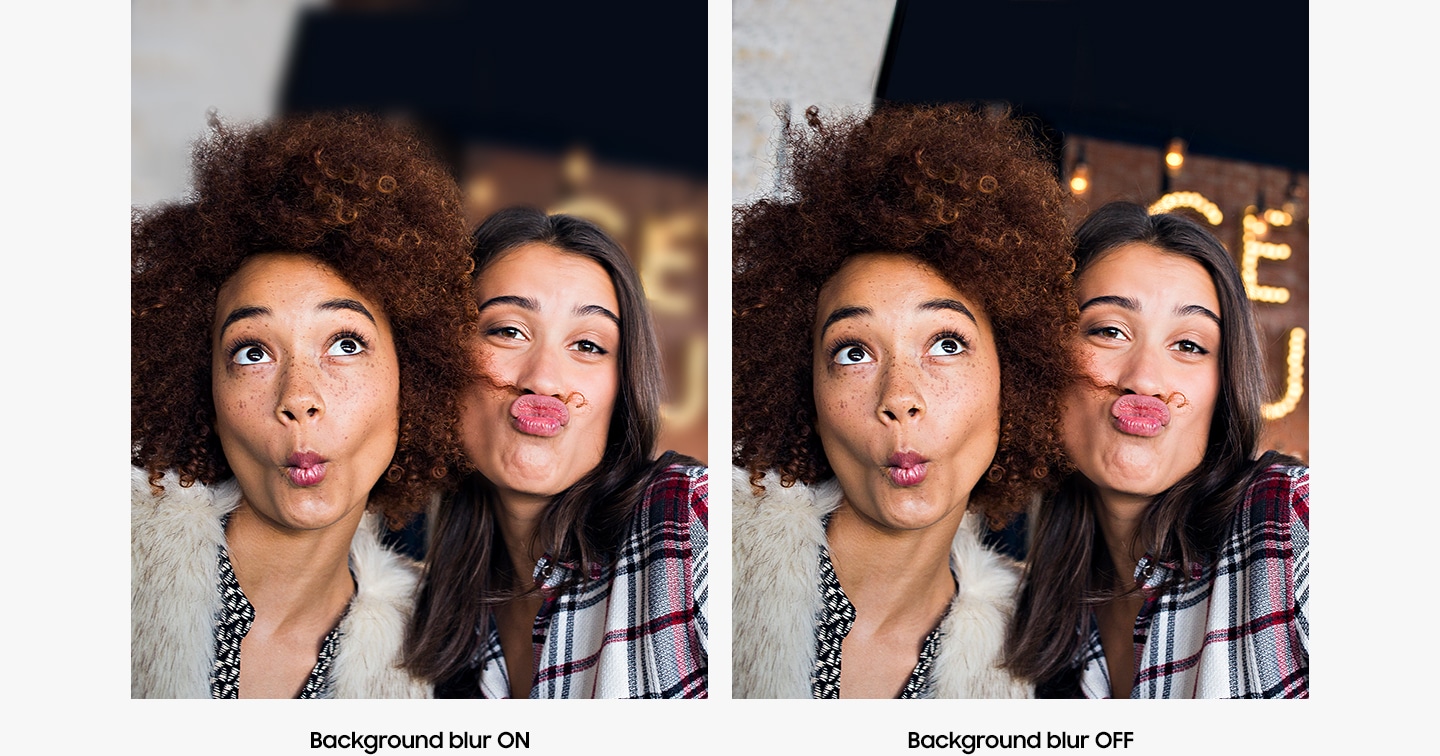 Photo captured by Galaxy A's depth camera background blur on two women making silly faces and the same photo captured with background blur off.