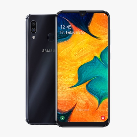 Rear-facing Galaxy A30 behind Galaxy A30 in portrait mode, with a yellow and green flower onscreen.