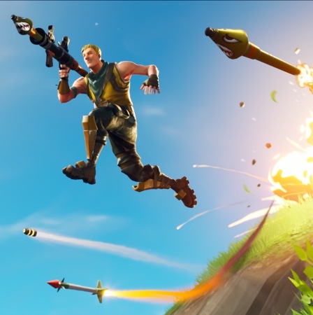 A Fortnite character in a commando outfit lunging forward with a bazooka-like weapon on his shoulder, missiles flying around him, and explosions going off behind him.