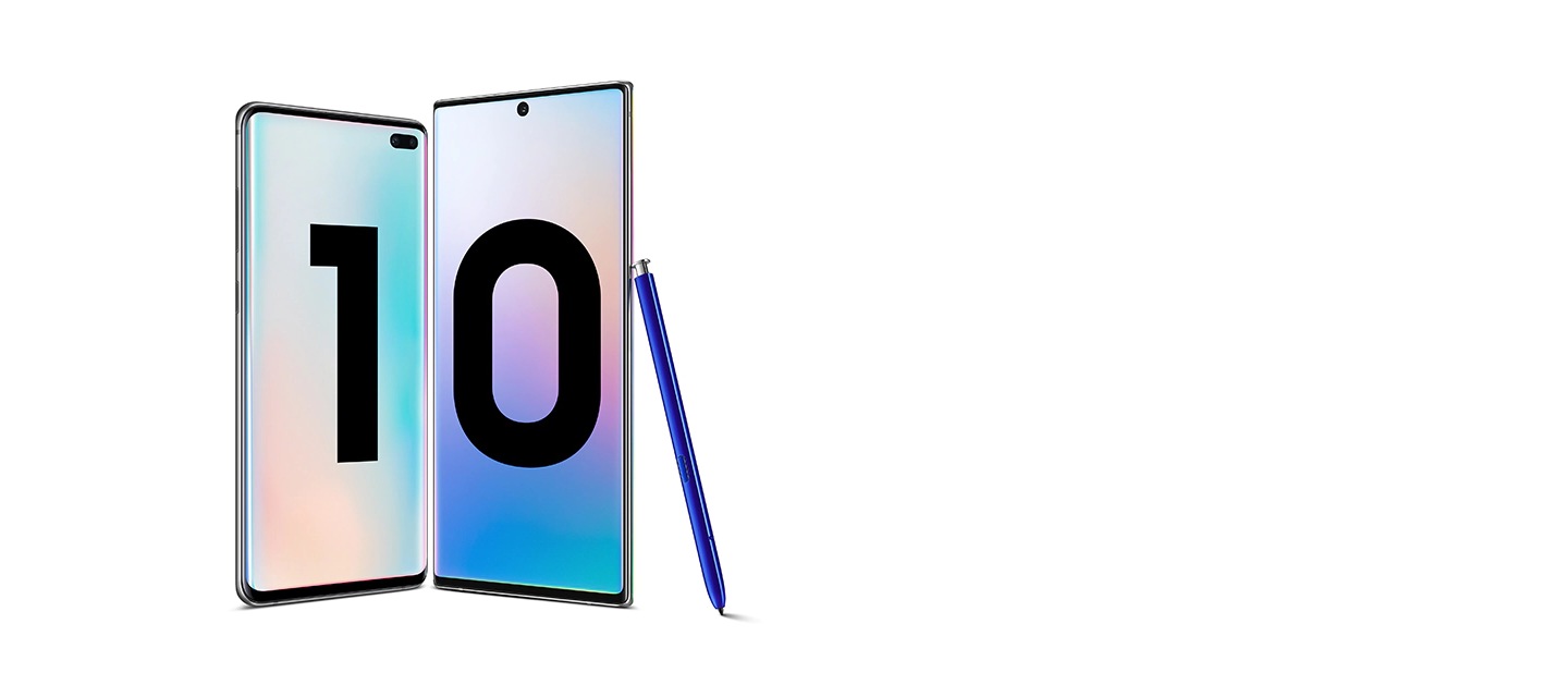 Galaxy S10 plus and Galaxy Note10 plus with blue S Pen leaning against Galaxy Note10 plus. Both phones have a gradient wallpaper onscreen.