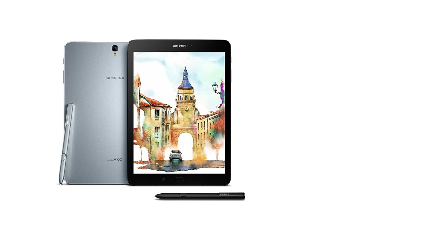 A Galaxy Tab S3 facing forward with a Galaxy Tab S3 faced backwards with S Pen leaning against it