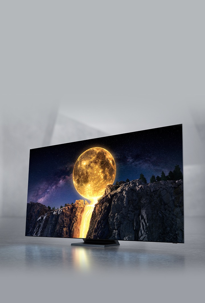 2020 Samsung QLED TV which has complete Quantum Dot technology is standing sideways. And It is showing Unrivaled QLED 8K with Quantum AI icon.