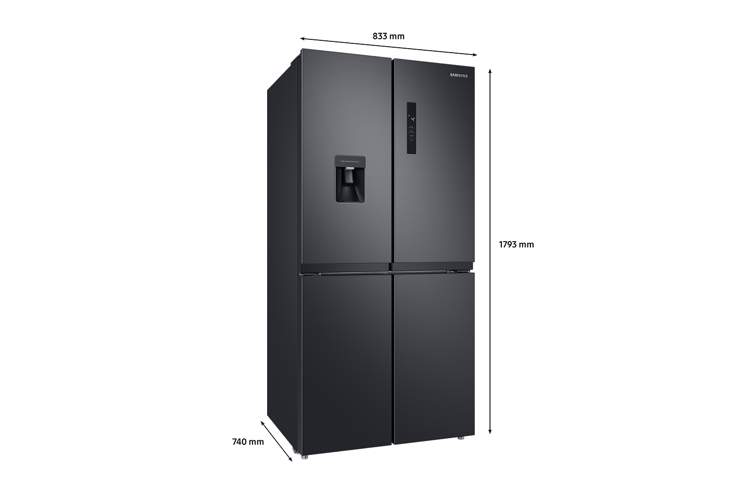 l-perspective SRF5700BD width height depth, 488L French Door Refrigerator with Non-Plumbed Water Dispenser and Fresh Zone Crisper - SRF5700BD