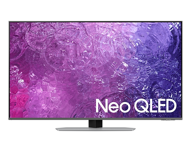 50" Neo QLED 4K QN90C Smart TV en posición frontal. Tiene diseño delgado y un fondo de pantalla con diferentes tonos de morado.