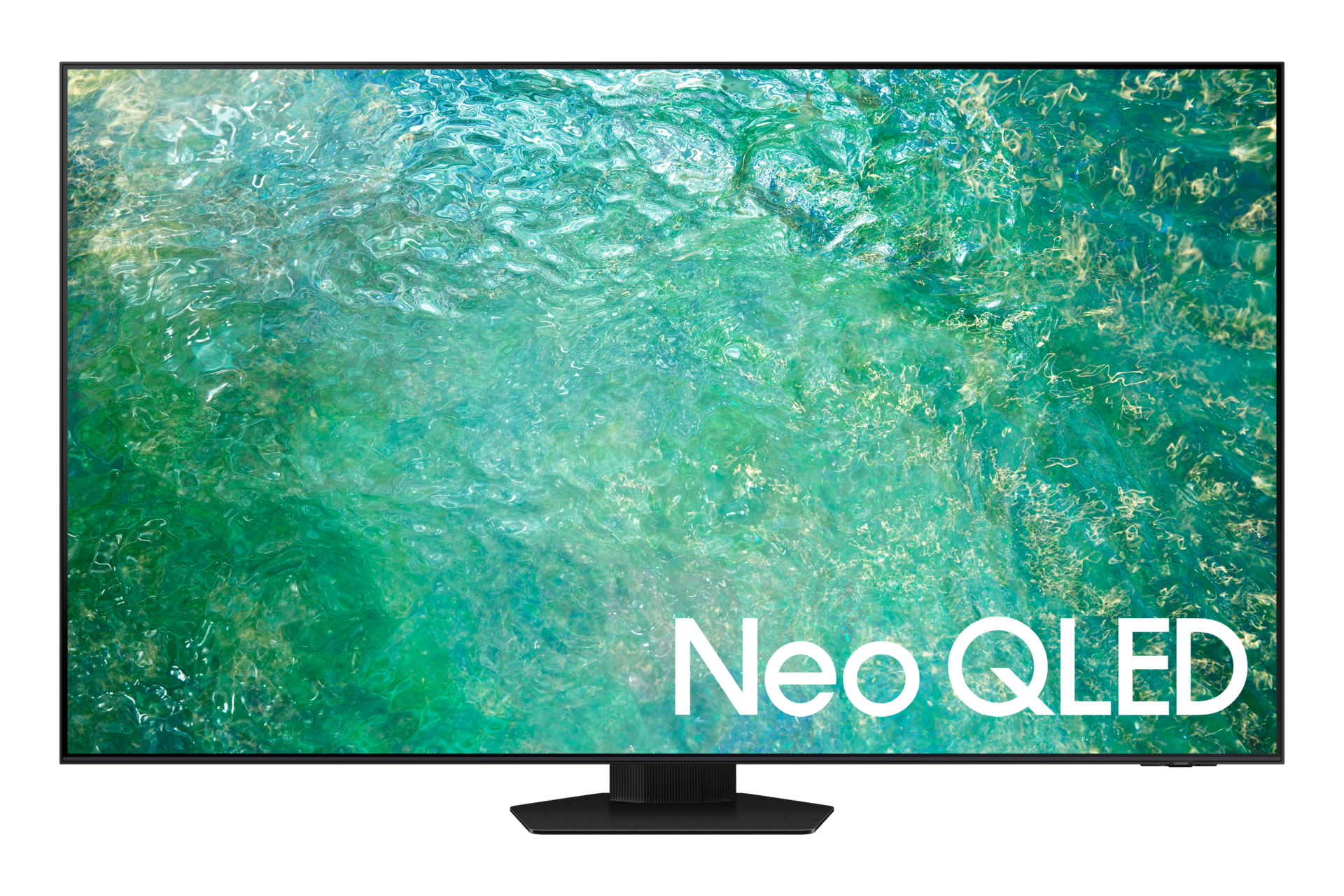 65" Neo QLED 4K QN85C Smart TV en posición frontal, con la pantalla que muestra un fondo color verde aguamarina. Cuenta con un diseño delgado.