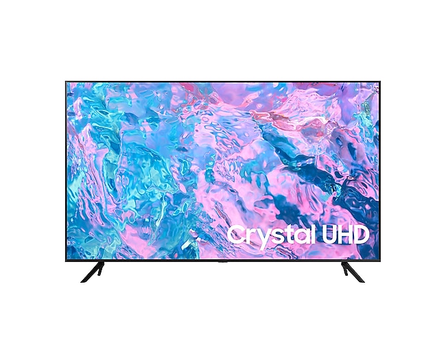 43’’ Crystal UHD 4K CU7000 Smart TV con diseño delgado y fondo de pantalla morado y azul, ubicado en posición frontal.