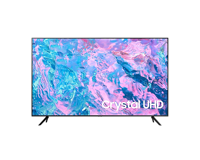55’’ Crystal UHD 4K CU7000 Smart TV en posición frontal. Cuenta con un diseño delgado y el fondo de pantalla es morado y azul.
