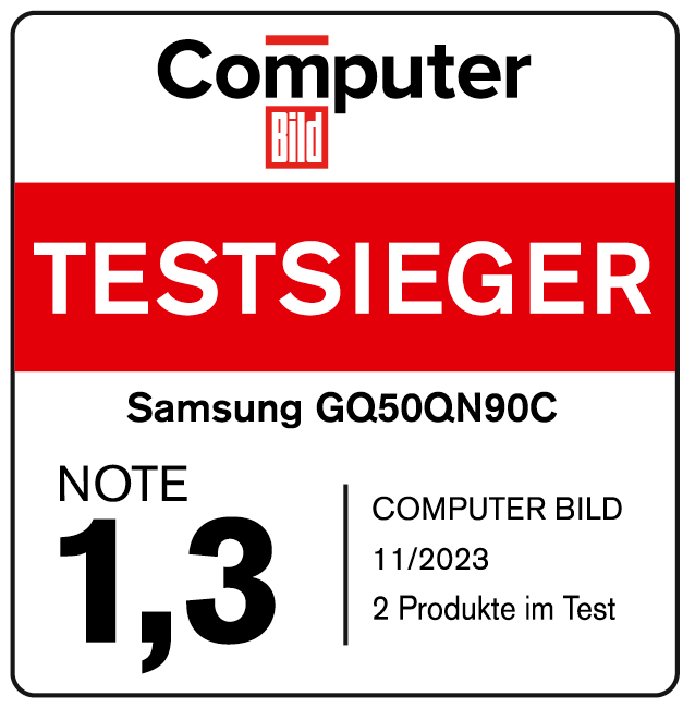 Computer Bild, Testsieger, sehr gut (1,3), Ausgabe 11/2023, zum Samsung GQ50QN90C, im Vergleichstest: 2 TVs, Qualitätsurteil: 1x sehr gut, 1x gut.