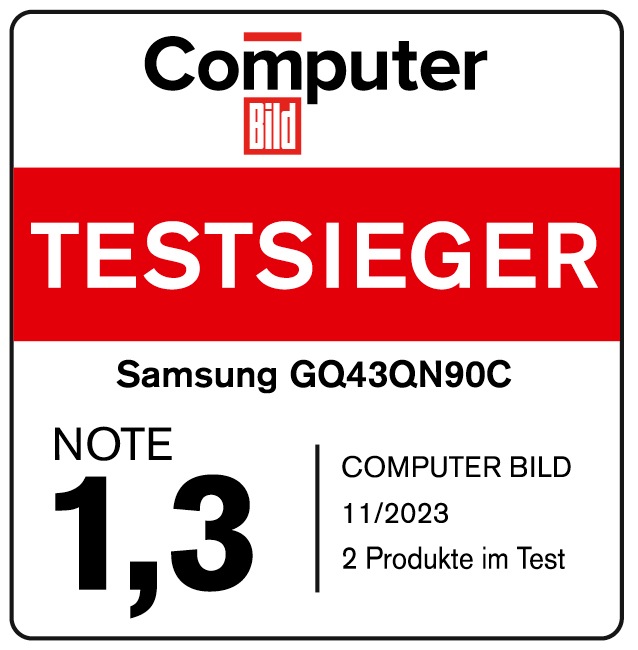 Computer Bild, Testsieger, sehr gut (1,3), Ausgabe 11/2023, zum Samsung GQ43QN90C, im Vergleichstest: 2 TVs, Qualitätsurteil: 1x sehr gut, 1x gut.